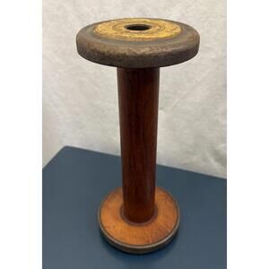 Vintage Industrial 9.25” Wooden Textile Spool Wood Metal Yellow Farmhouse Sewing